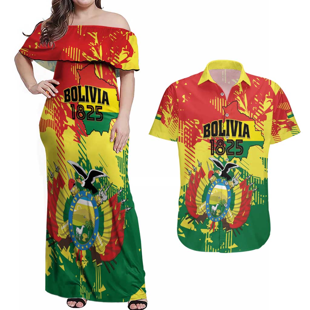 Personalized Bolivia 1825 Couples Matching Off Shoulder Maxi Dress and Hawaiian Shirt Coat Of Arms Flag Colors - Wonder Print Shop