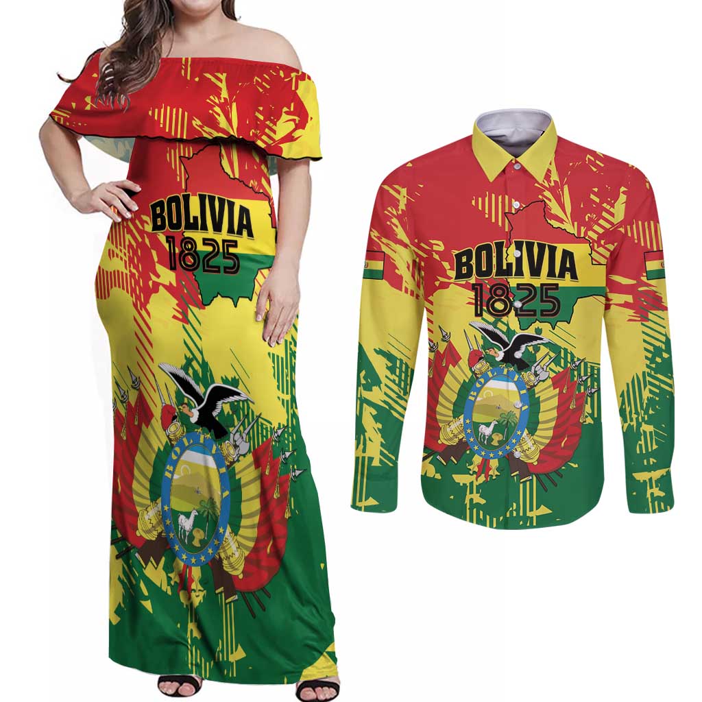 Personalized Bolivia 1825 Couples Matching Off Shoulder Maxi Dress and Long Sleeve Button Shirt Coat Of Arms Flag Colors - Wonder Print Shop