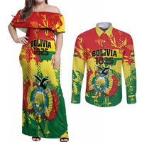 Personalized Bolivia 1825 Couples Matching Off Shoulder Maxi Dress and Long Sleeve Button Shirt Coat Of Arms Flag Colors - Wonder Print Shop