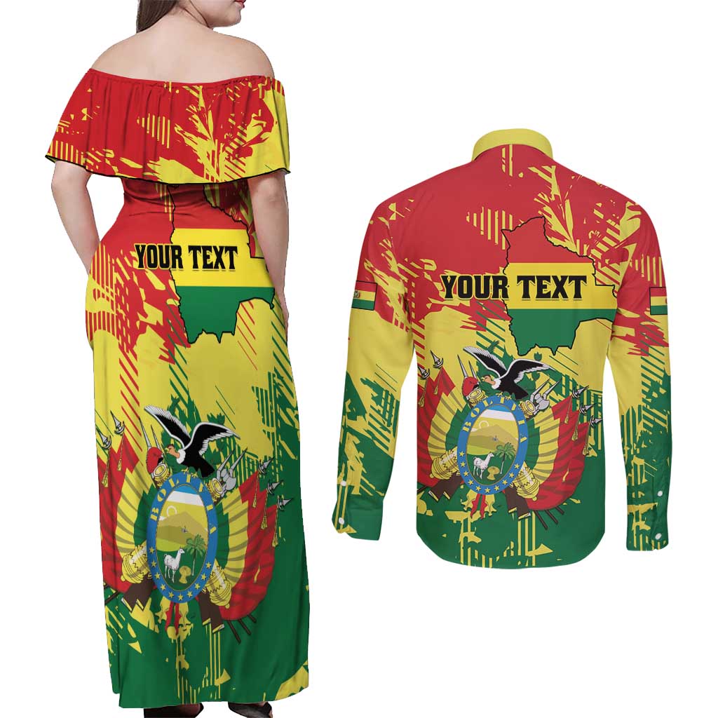 Personalized Bolivia 1825 Couples Matching Off Shoulder Maxi Dress and Long Sleeve Button Shirt Coat Of Arms Flag Colors - Wonder Print Shop