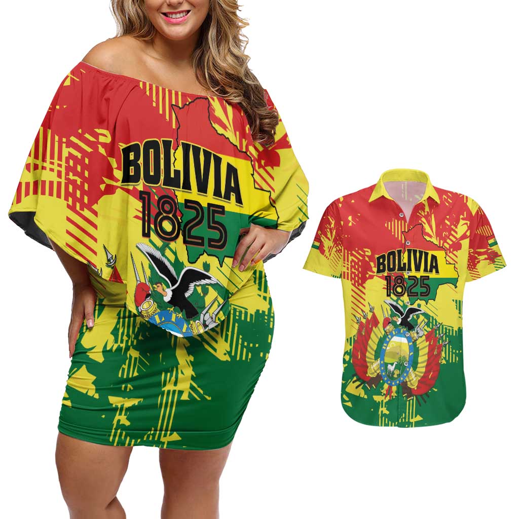Personalized Bolivia 1825 Couples Matching Off Shoulder Short Dress and Hawaiian Shirt Coat Of Arms Flag Colors - Wonder Print Shop