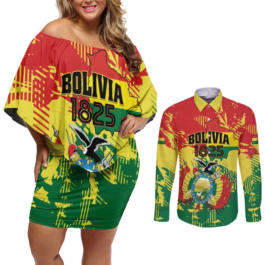 Personalized Bolivia 1825 Couples Matching Off Shoulder Short Dress and Long Sleeve Button Shirt Coat Of Arms Flag Colors - Wonder Print Shop