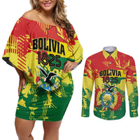 Personalized Bolivia 1825 Couples Matching Off Shoulder Short Dress and Long Sleeve Button Shirt Coat Of Arms Flag Colors - Wonder Print Shop