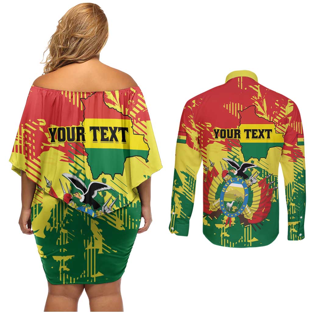 Personalized Bolivia 1825 Couples Matching Off Shoulder Short Dress and Long Sleeve Button Shirt Coat Of Arms Flag Colors - Wonder Print Shop
