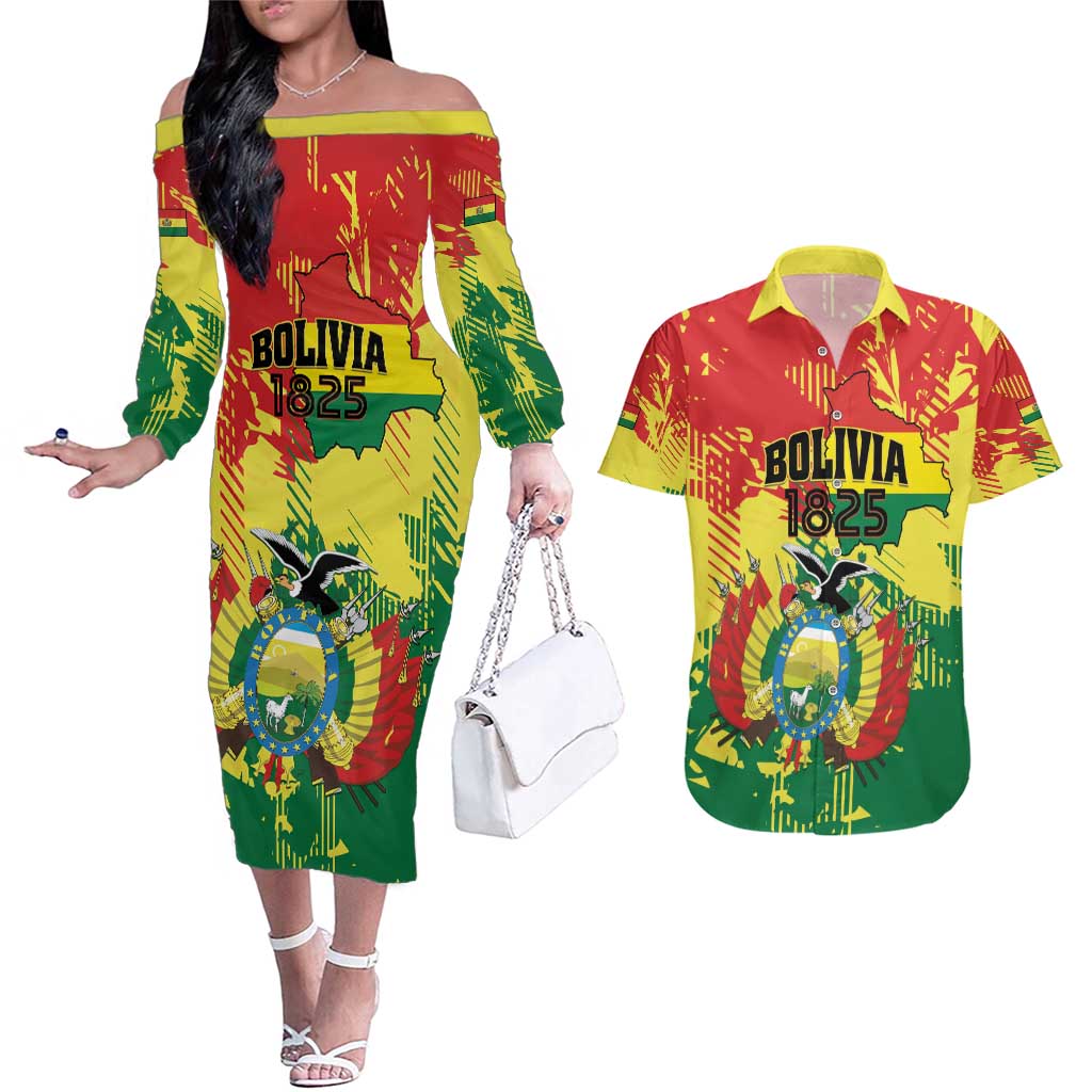Personalized Bolivia 1825 Couples Matching Off The Shoulder Long Sleeve Dress and Hawaiian Shirt Coat Of Arms Flag Colors - Wonder Print Shop