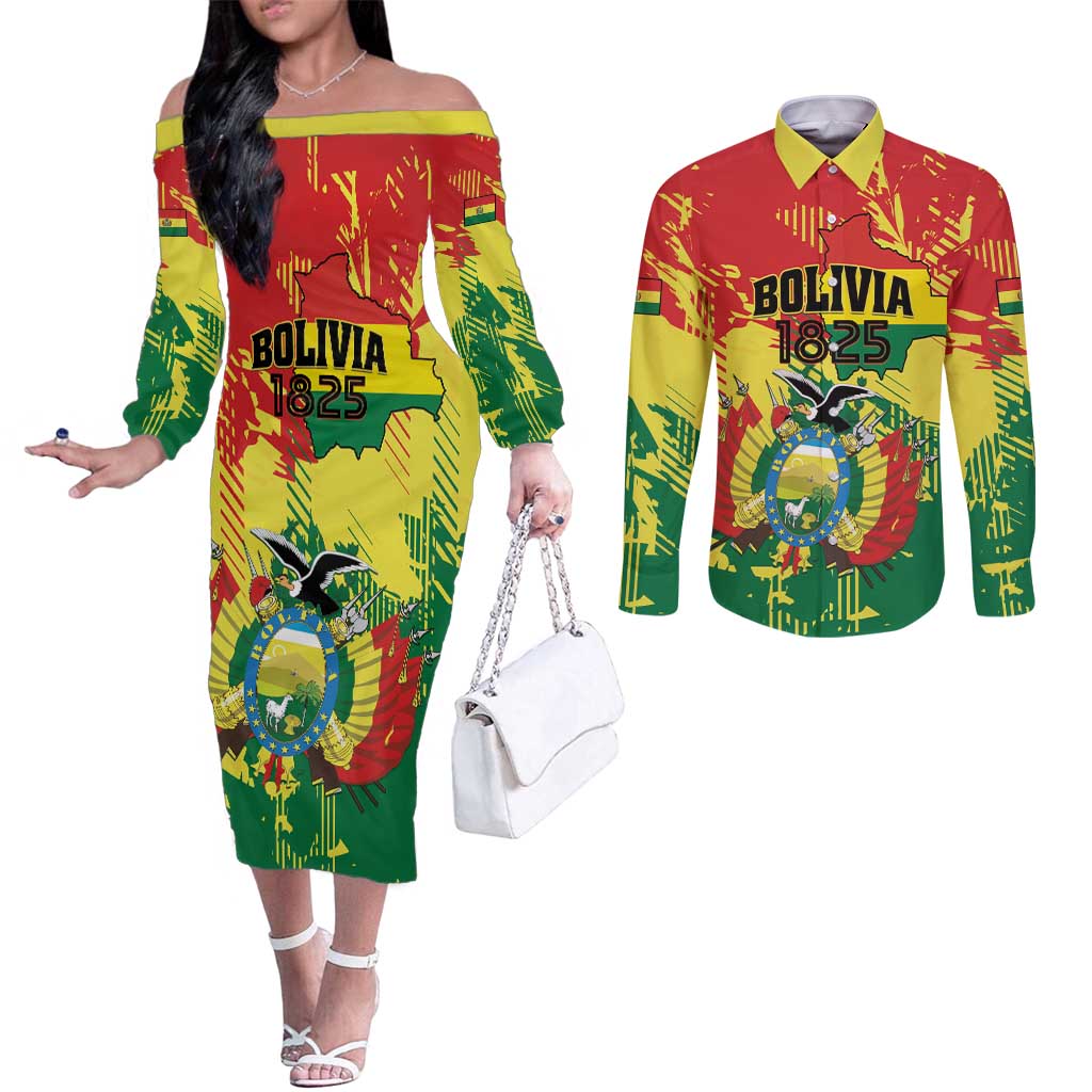 Personalized Bolivia 1825 Couples Matching Off The Shoulder Long Sleeve Dress and Long Sleeve Button Shirt Coat Of Arms Flag Colors - Wonder Print Shop