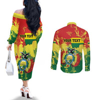 Personalized Bolivia 1825 Couples Matching Off The Shoulder Long Sleeve Dress and Long Sleeve Button Shirt Coat Of Arms Flag Colors - Wonder Print Shop