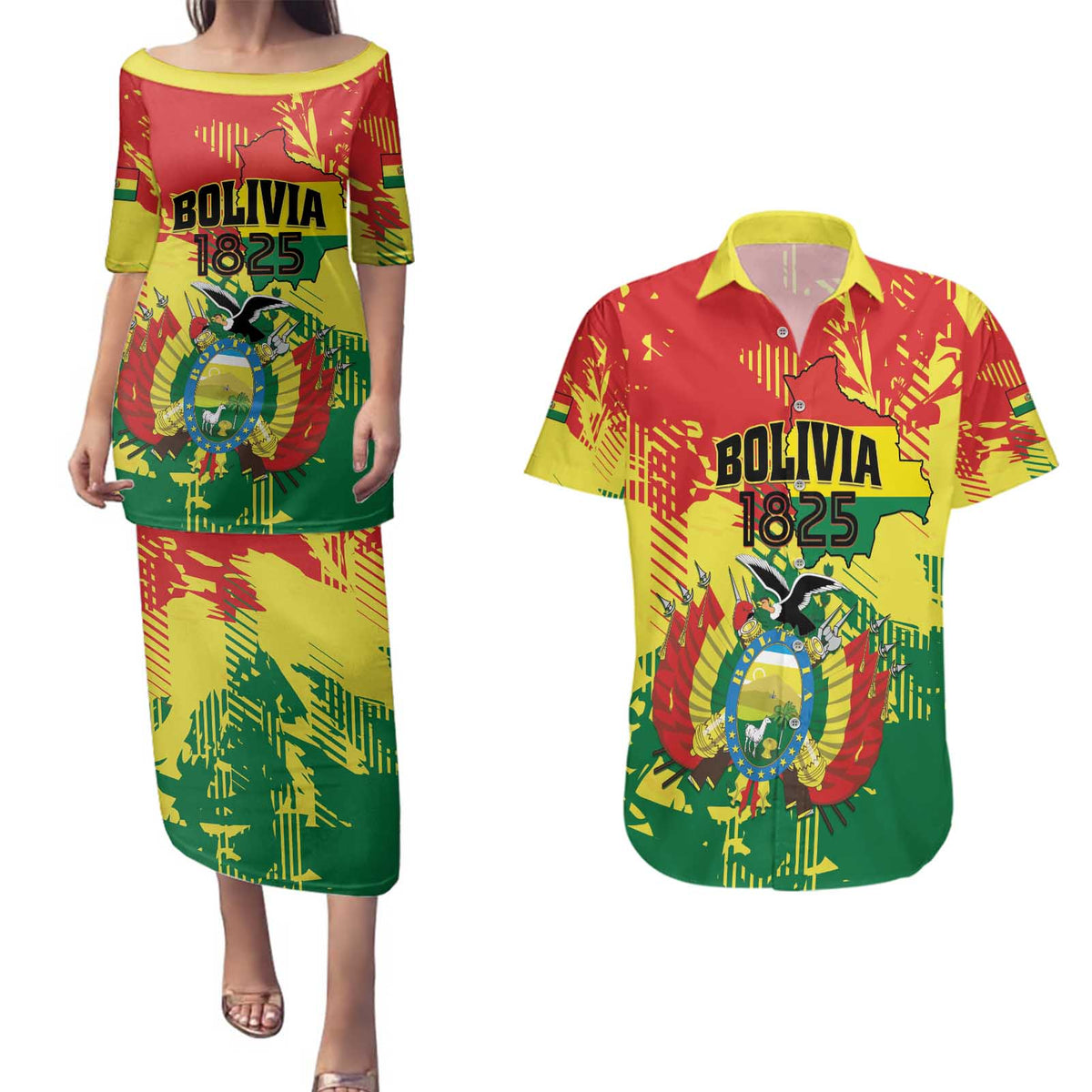 Personalized Bolivia 1825 Couples Matching Puletasi and Hawaiian Shirt Coat Of Arms Flag Colors - Wonder Print Shop