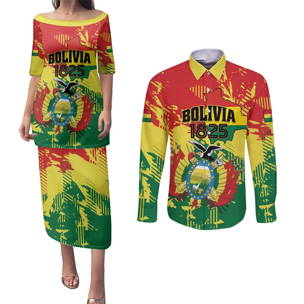 Personalized Bolivia 1825 Couples Matching Puletasi and Long Sleeve Button Shirt Coat Of Arms Flag Colors - Wonder Print Shop