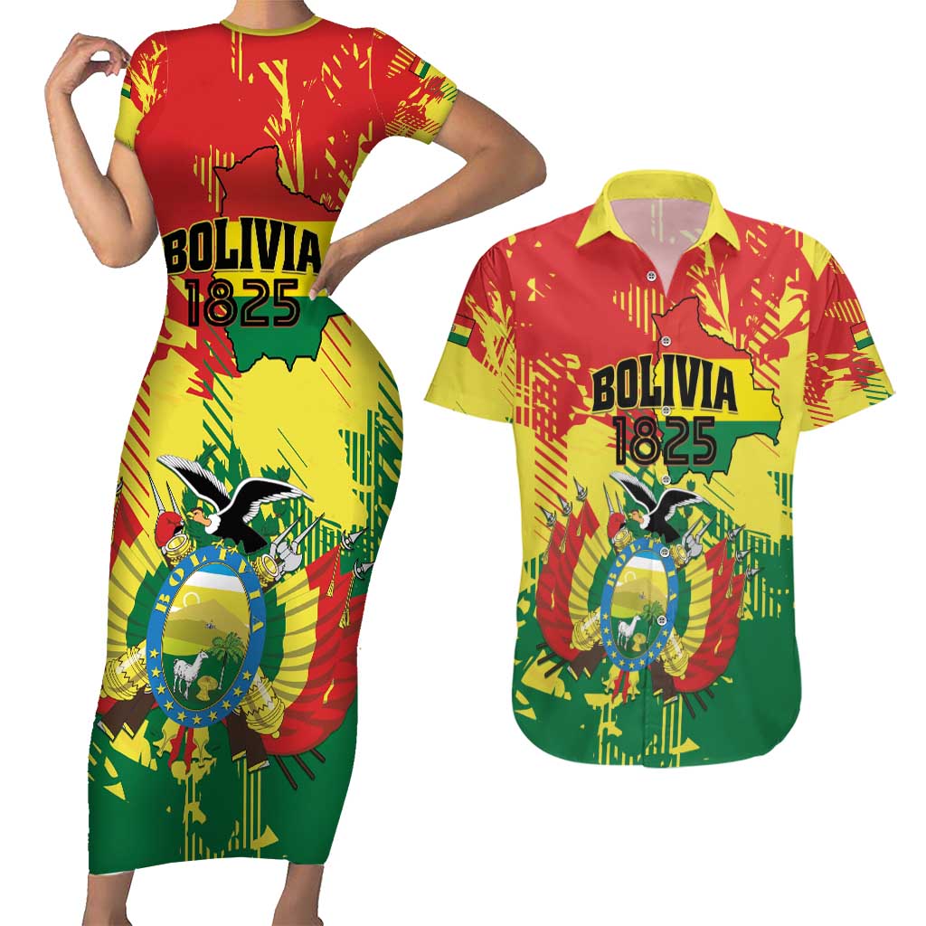 Personalized Bolivia 1825 Couples Matching Short Sleeve Bodycon Dress and Hawaiian Shirt Coat Of Arms Flag Colors - Wonder Print Shop