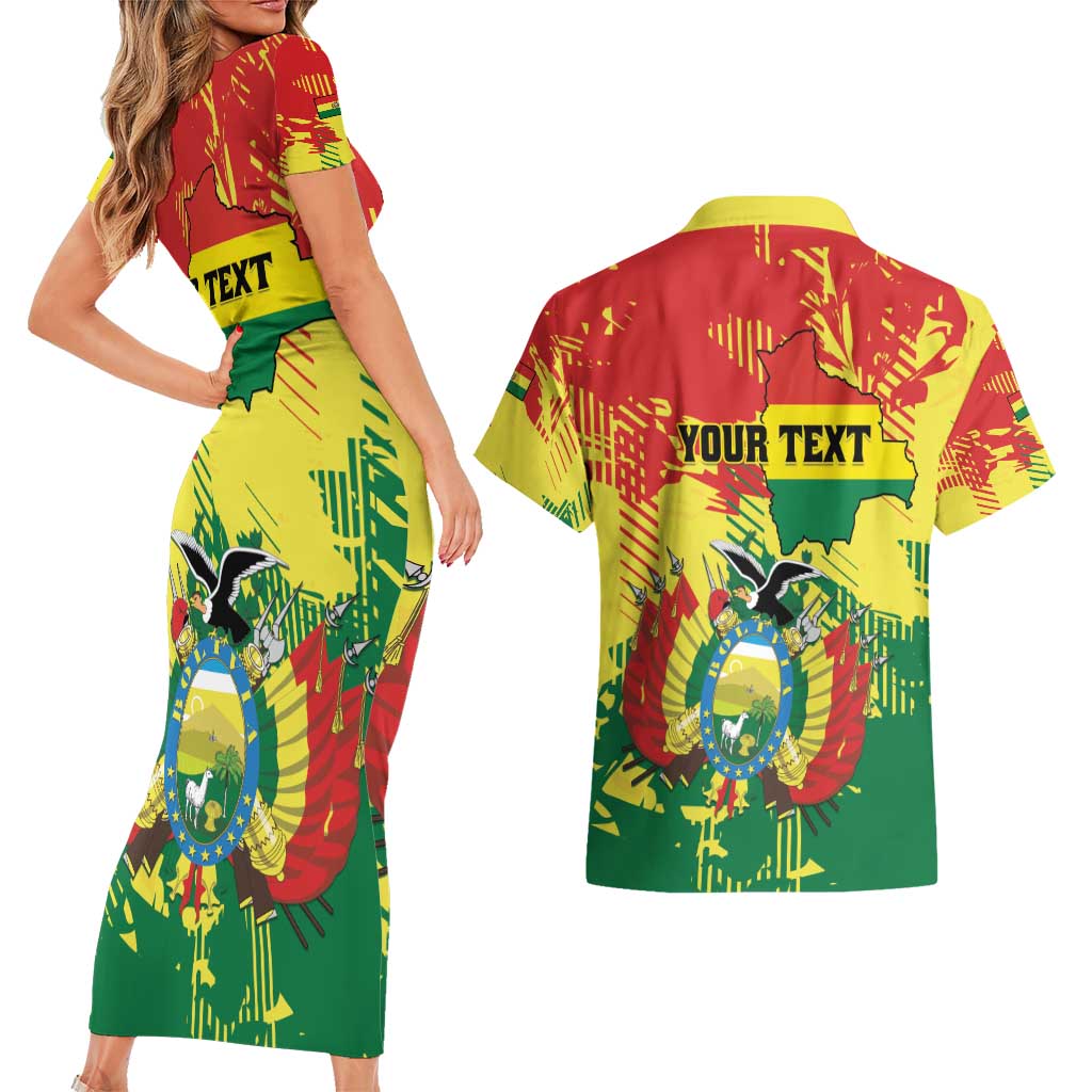 Personalized Bolivia 1825 Couples Matching Short Sleeve Bodycon Dress and Hawaiian Shirt Coat Of Arms Flag Colors - Wonder Print Shop
