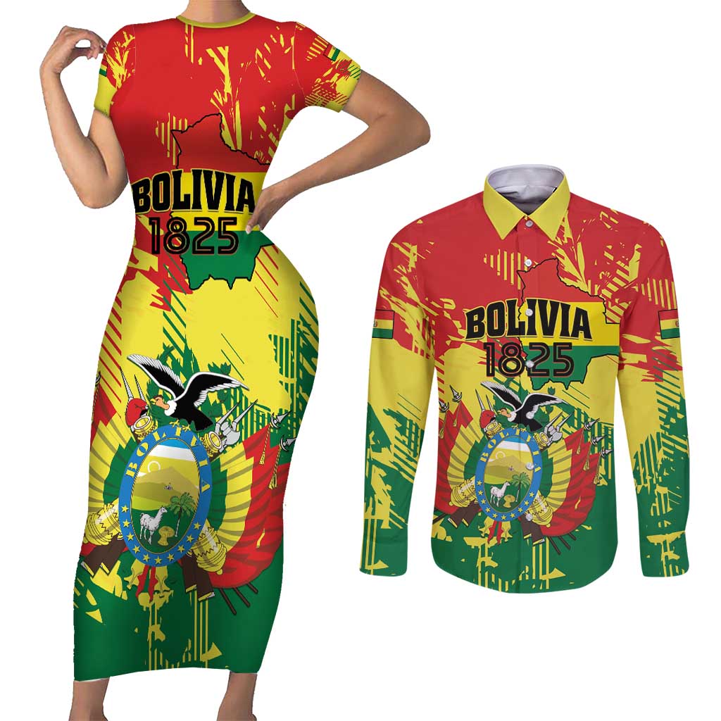 Personalized Bolivia 1825 Couples Matching Short Sleeve Bodycon Dress and Long Sleeve Button Shirt Coat Of Arms Flag Colors - Wonder Print Shop