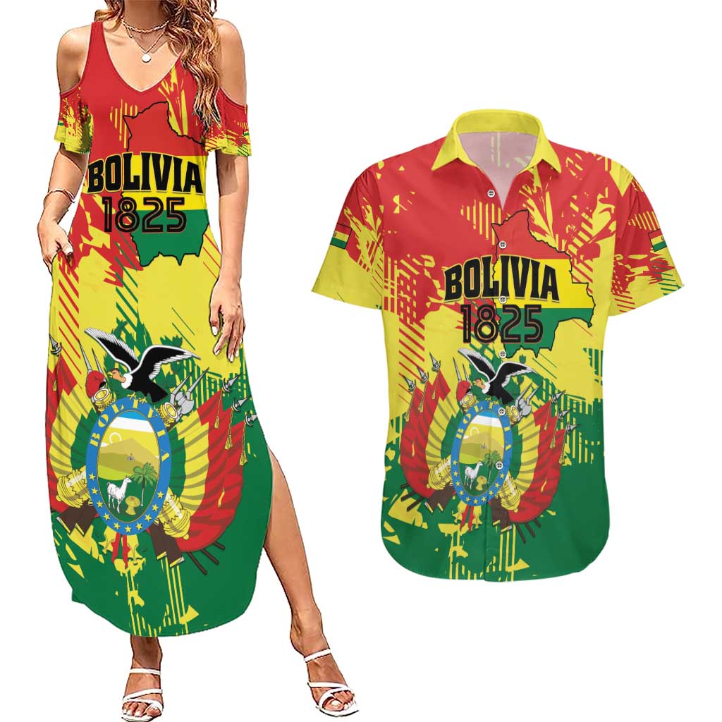 Personalized Bolivia 1825 Couples Matching Summer Maxi Dress and Hawaiian Shirt Coat Of Arms Flag Colors - Wonder Print Shop