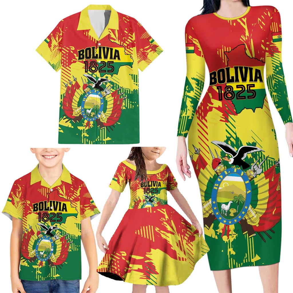 Personalized Bolivia 1825 Family Matching Long Sleeve Bodycon Dress and Hawaiian Shirt Coat Of Arms Flag Colors - Wonder Print Shop