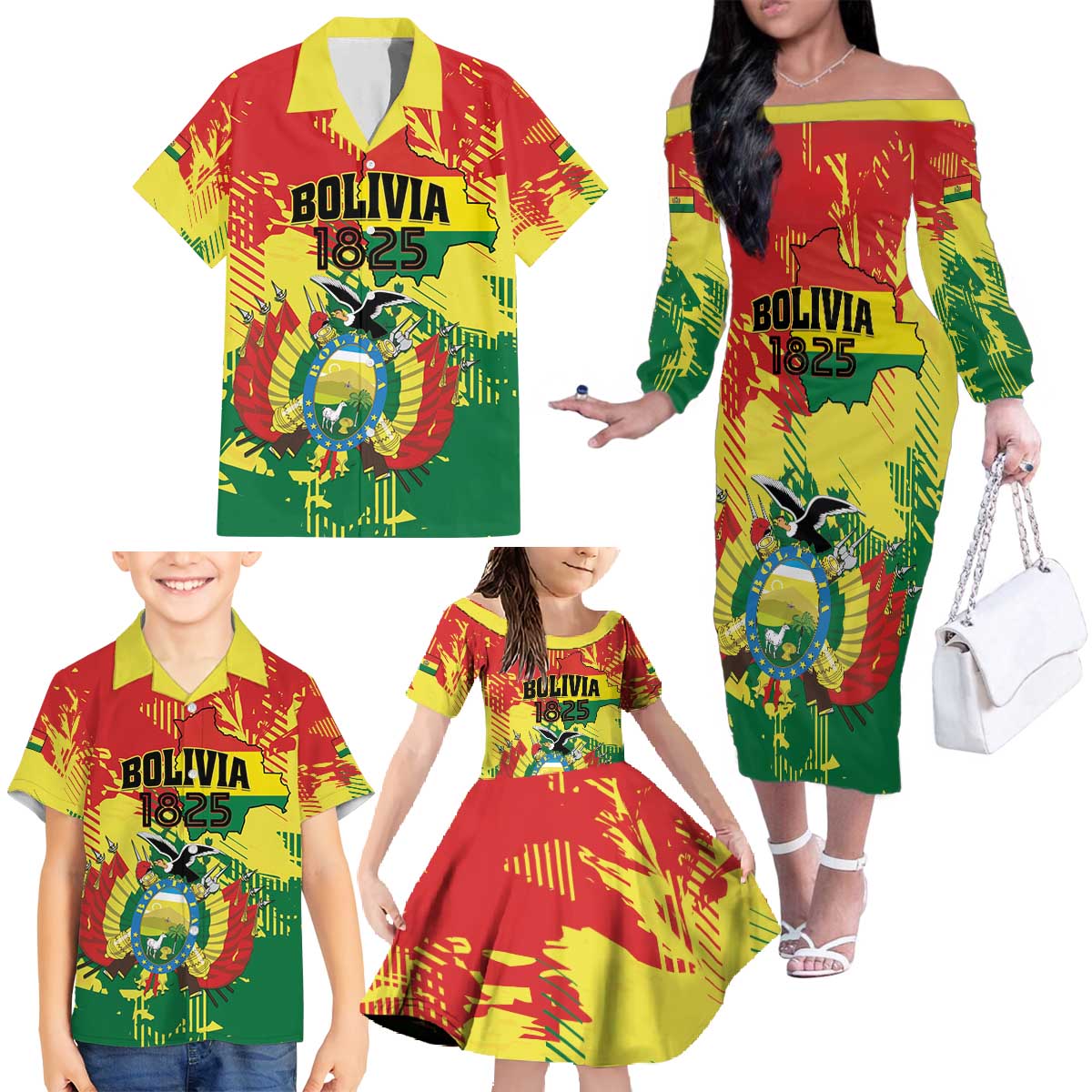 Personalized Bolivia 1825 Family Matching Off The Shoulder Long Sleeve Dress and Hawaiian Shirt Coat Of Arms Flag Colors - Wonder Print Shop