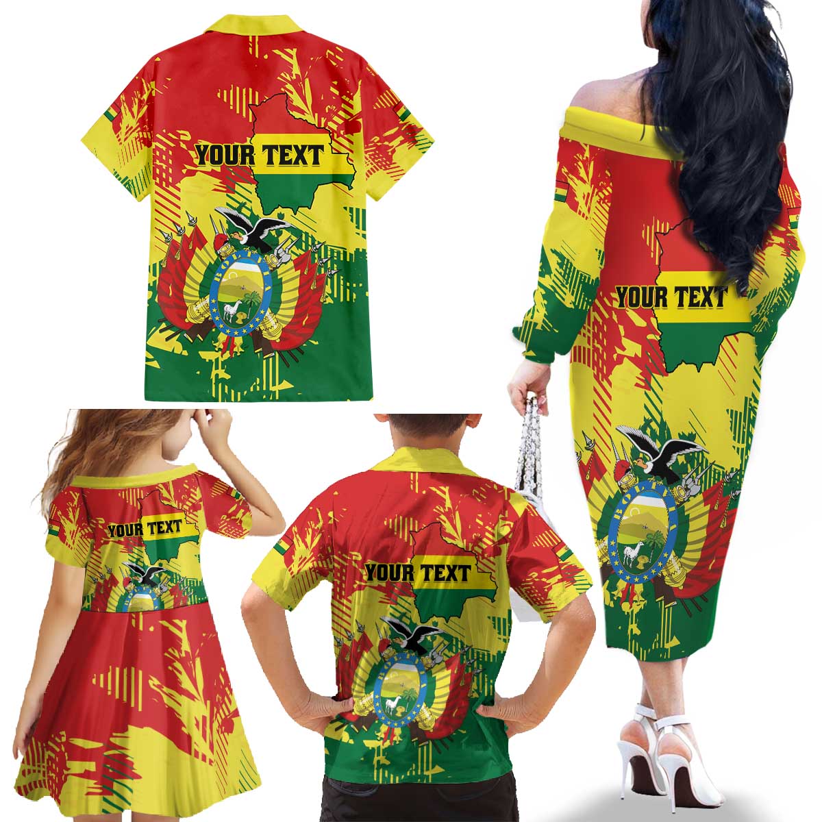 Personalized Bolivia 1825 Family Matching Off The Shoulder Long Sleeve Dress and Hawaiian Shirt Coat Of Arms Flag Colors - Wonder Print Shop