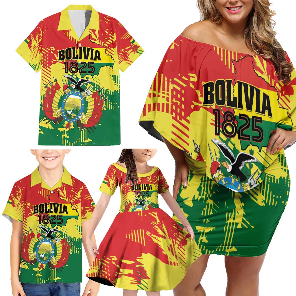 Personalized Bolivia 1825 Family Matching Off Shoulder Short Dress and Hawaiian Shirt Coat Of Arms Flag Colors - Wonder Print Shop