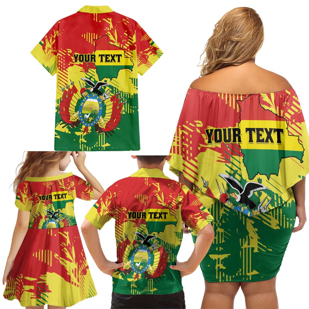 Personalized Bolivia 1825 Family Matching Off Shoulder Short Dress and Hawaiian Shirt Coat Of Arms Flag Colors - Wonder Print Shop