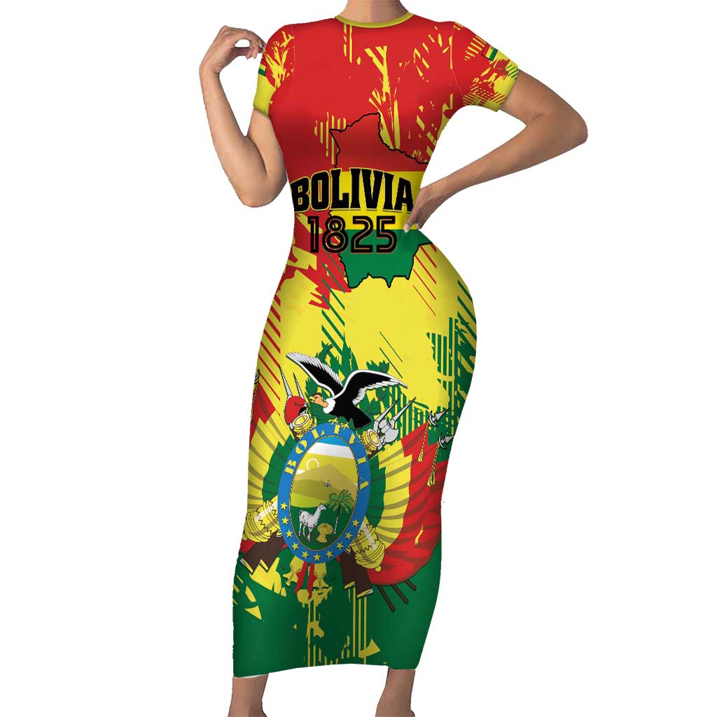 Personalized Bolivia 1825 Short Sleeve Bodycon Dress Coat Of Arms Flag Colors - Wonder Print Shop