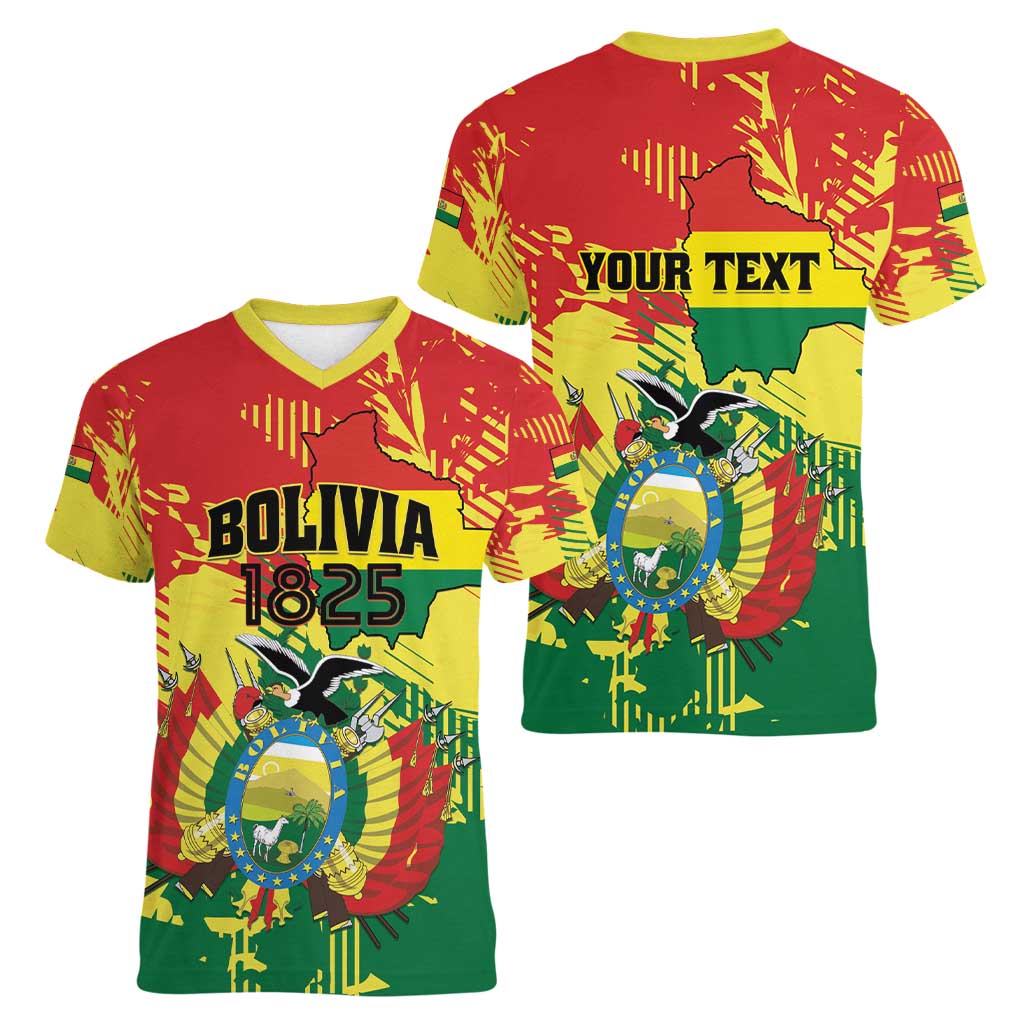 Personalized Bolivia 1825 Women V-Neck T-Shirt Coat Of Arms Flag Colors - Wonder Print Shop