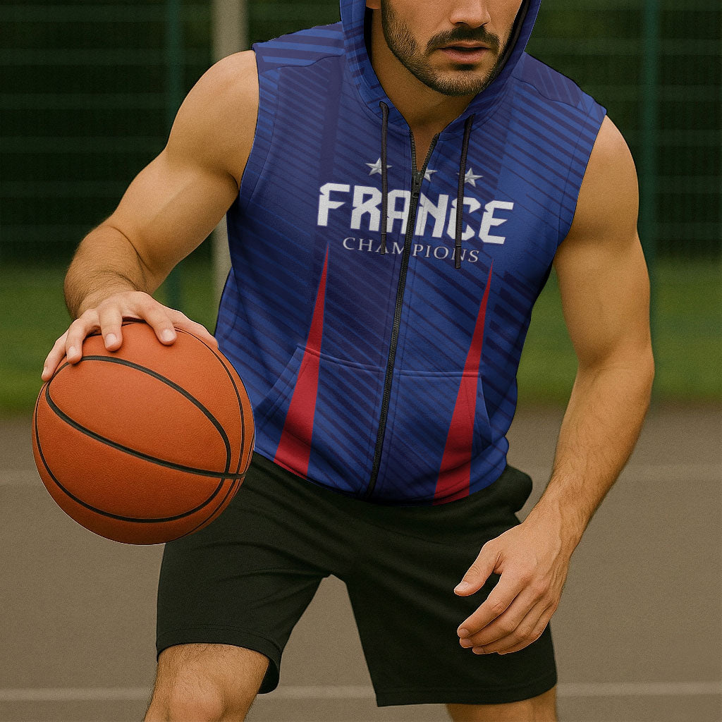 Custom France 2026 World Football Sleeveless Zip Hoodie Les Bleus Go 3rd Champions