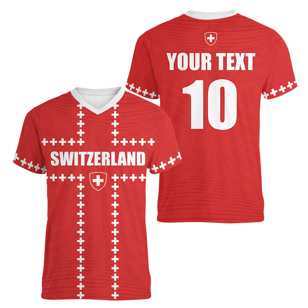Custom Switzerland 2026 World Football Women V-Neck T-Shirt Rossocrociati Go Champions