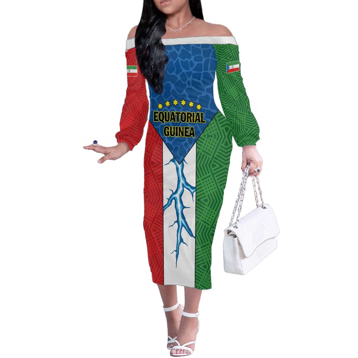 Personalized Equatorial Guinea Family Matching Off The Shoulder Long Sleeve Dress and Hawaiian Shirt Unidad Paz Justicia - Wonder Print Shop