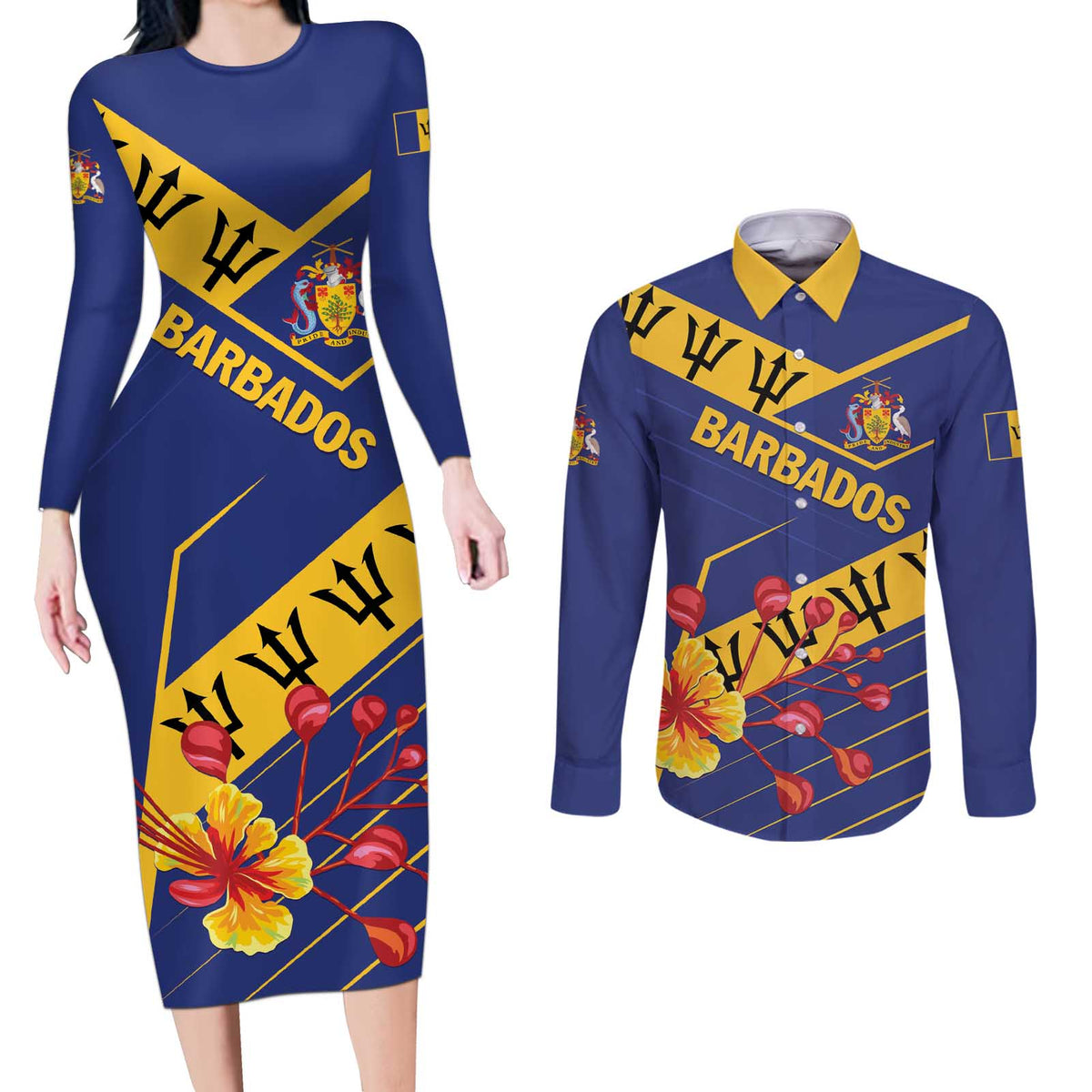 Personalized Barbados Couples Matching Long Sleeve Bodycon Dress and Long Sleeve Button Shirt Pride and Industry - Wonder Print Shop