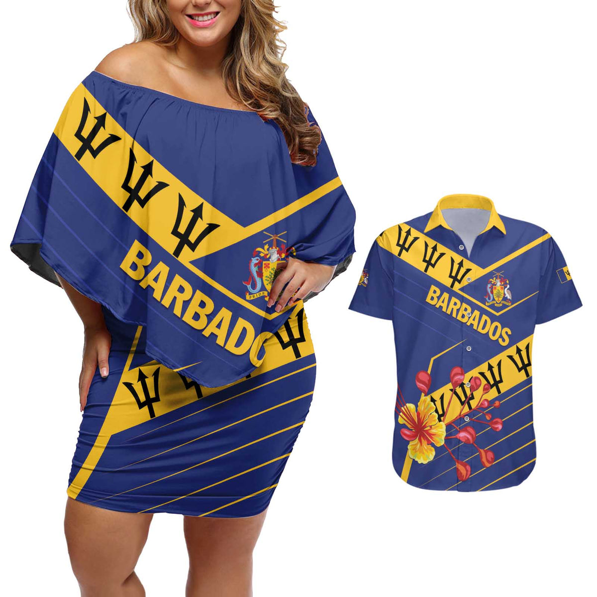 Personalized Barbados Couples Matching Off Shoulder Short Dress and Hawaiian Shirt Pride and Industry - Wonder Print Shop