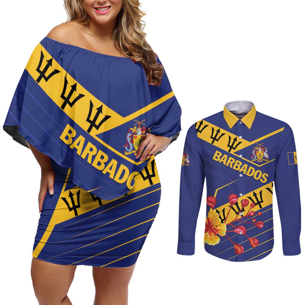 Personalized Barbados Couples Matching Off Shoulder Short Dress and Long Sleeve Button Shirt Pride and Industry - Wonder Print Shop