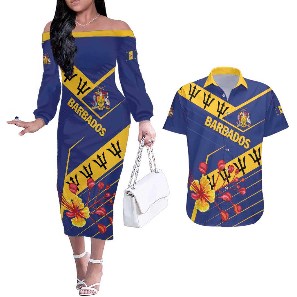 Personalized Barbados Couples Matching Off The Shoulder Long Sleeve Dress and Hawaiian Shirt Pride and Industry - Wonder Print Shop
