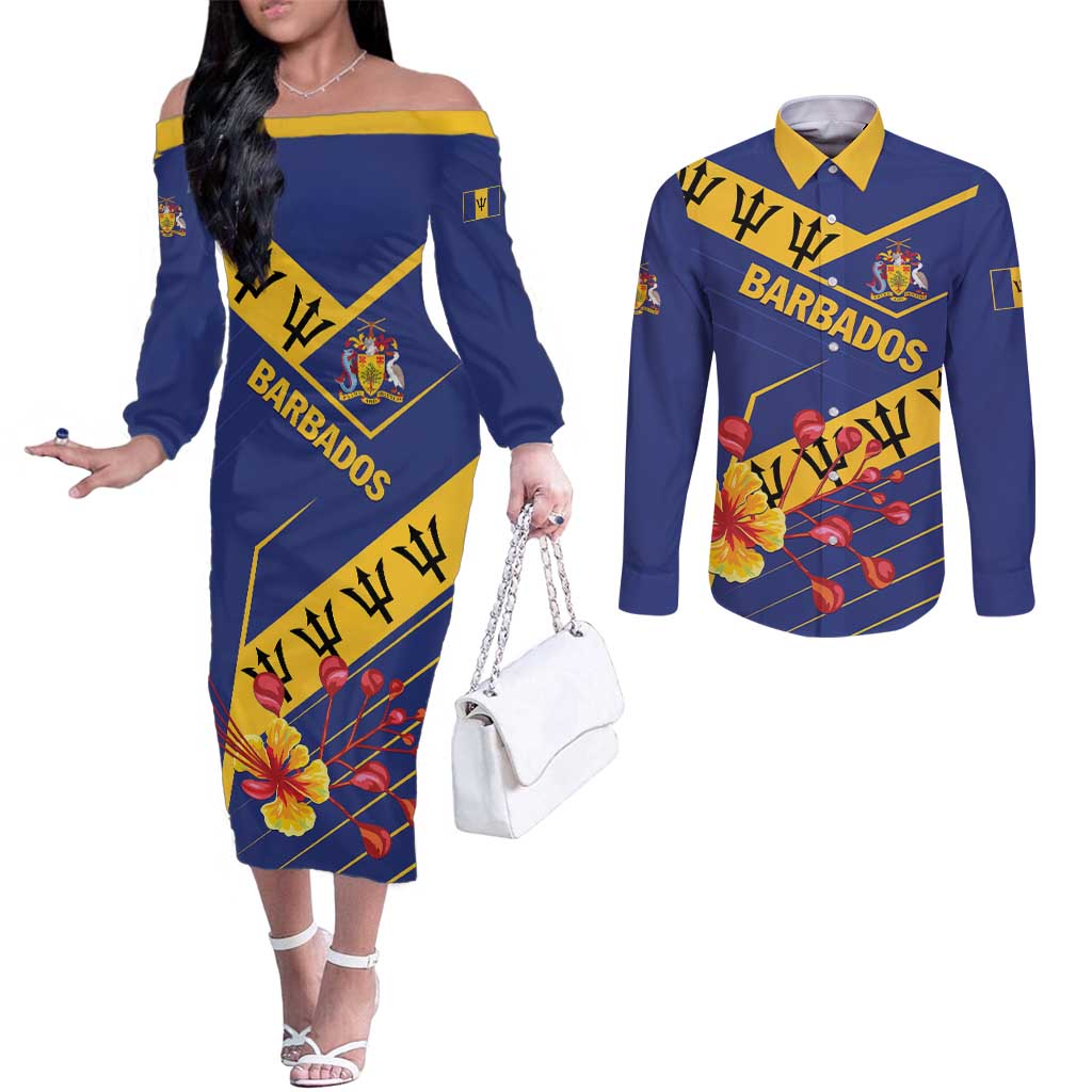 Personalized Barbados Couples Matching Off The Shoulder Long Sleeve Dress and Long Sleeve Button Shirt Pride and Industry