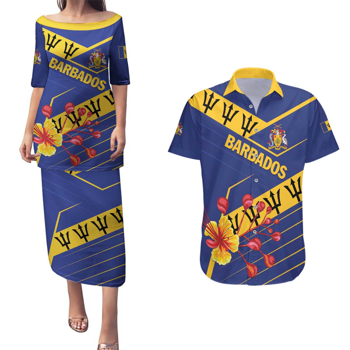 Personalized Barbados Couples Matching Puletasi and Hawaiian Shirt Pride and Industry - Wonder Print Shop