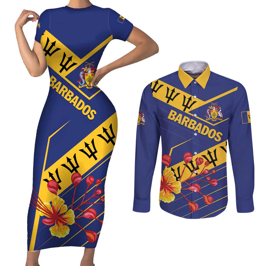 Personalized Barbados Couples Matching Short Sleeve Bodycon Dress and Long Sleeve Button Shirt Pride and Industry - Wonder Print Shop
