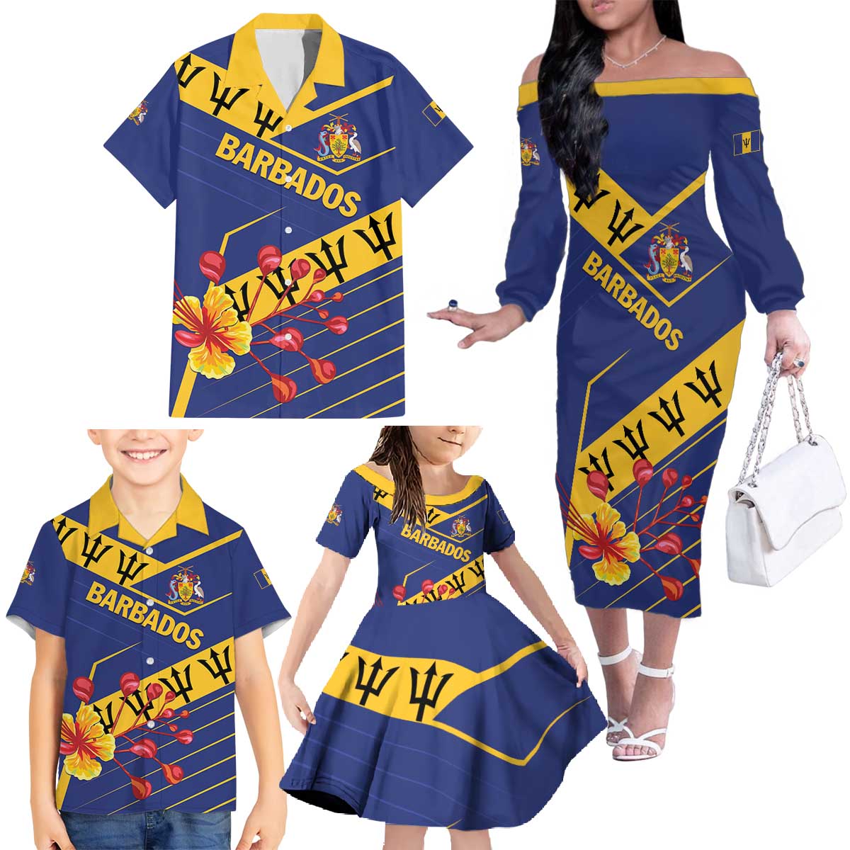 Personalized Barbados Family Matching Off The Shoulder Long Sleeve Dress and Hawaiian Shirt Pride and Industry - Wonder Print Shop