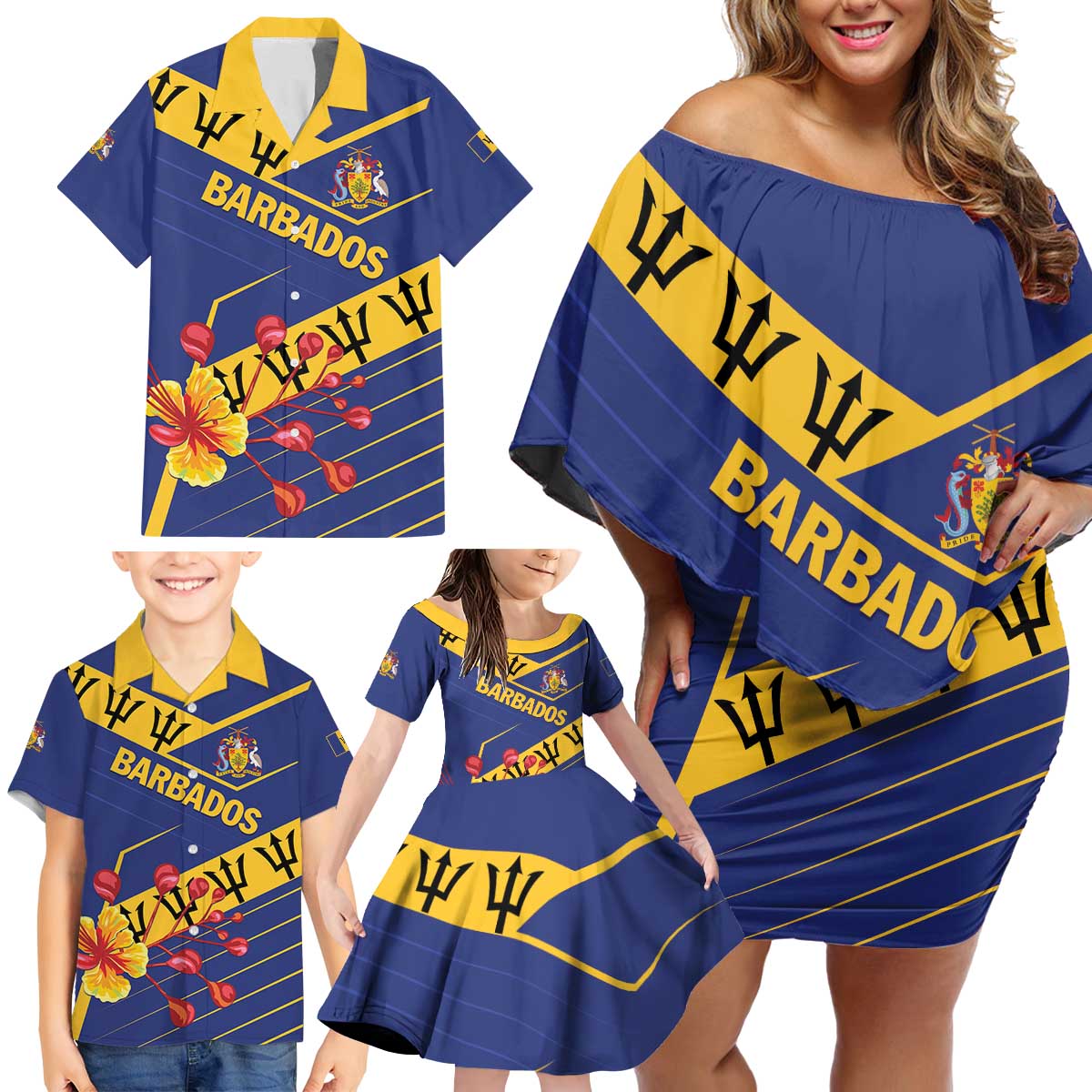 Personalized Barbados Family Matching Off Shoulder Short Dress and Hawaiian Shirt Pride and Industry - Wonder Print Shop