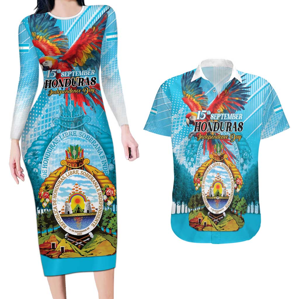 Personalized Honduras Independence Day 1821 Couples Matching Long Sleeve Bodycon Dress and Hawaiian Shirt Libre Soberana e Independiente - Wonder Print Shop