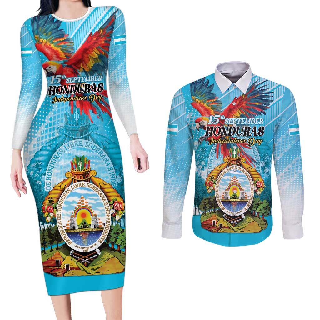 Personalized Honduras Independence Day 1821 Couples Matching Long Sleeve Bodycon Dress and Long Sleeve Button Shirt Libre Soberana e Independiente - Wonder Print Shop
