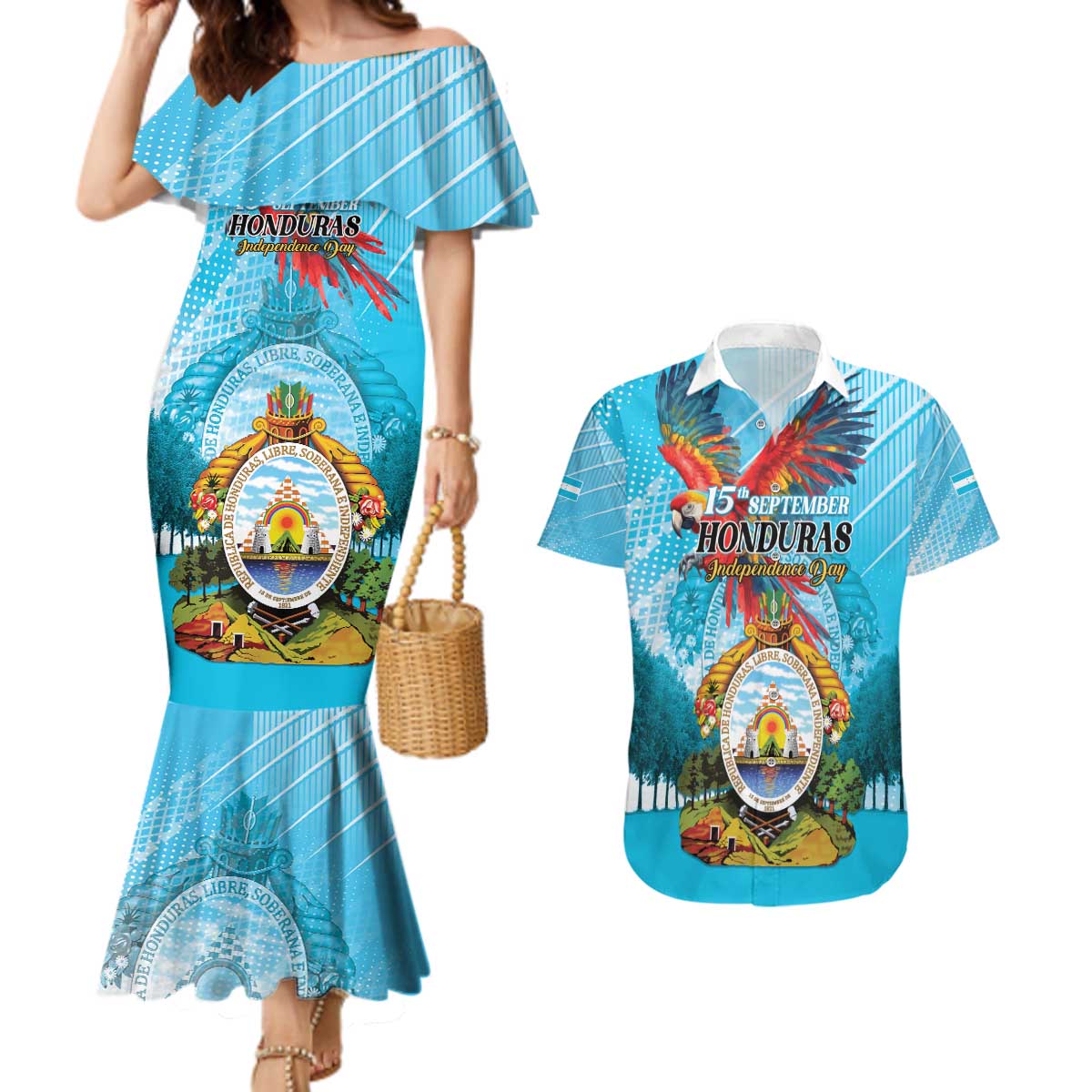 Personalized Honduras Independence Day 1821 Couples Matching Mermaid Dress and Hawaiian Shirt Libre Soberana e Independiente - Wonder Print Shop