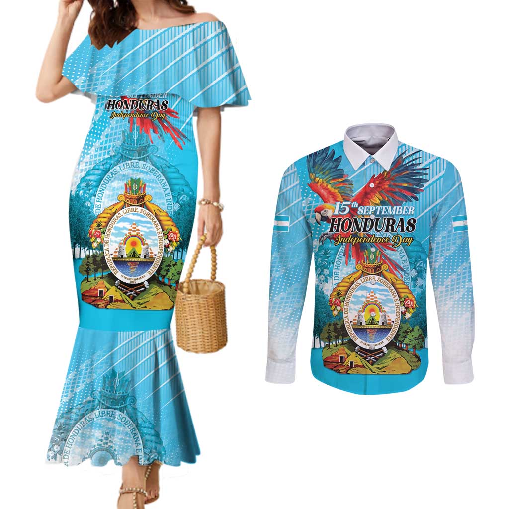 Personalized Honduras Independence Day 1821 Couples Matching Mermaid Dress and Long Sleeve Button Shirt Libre Soberana e Independiente - Wonder Print Shop