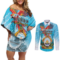 Personalized Honduras Independence Day 1821 Couples Matching Off Shoulder Short Dress and Long Sleeve Button Shirt Libre Soberana e Independiente - Wonder Print Shop