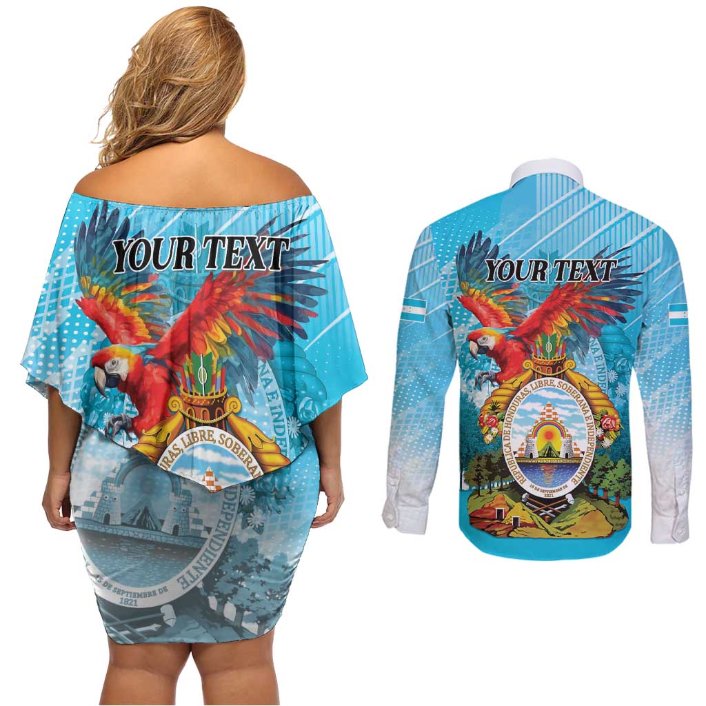 Personalized Honduras Independence Day 1821 Couples Matching Off Shoulder Short Dress and Long Sleeve Button Shirt Libre Soberana e Independiente - Wonder Print Shop