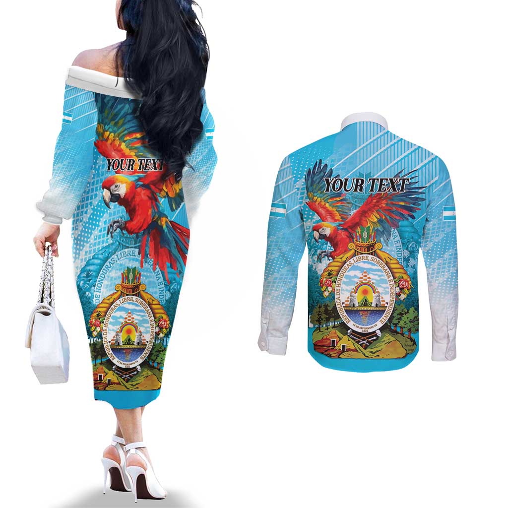 Personalized Honduras Independence Day 1821 Couples Matching Off The Shoulder Long Sleeve Dress and Long Sleeve Button Shirt Libre Soberana e Independiente - Wonder Print Shop