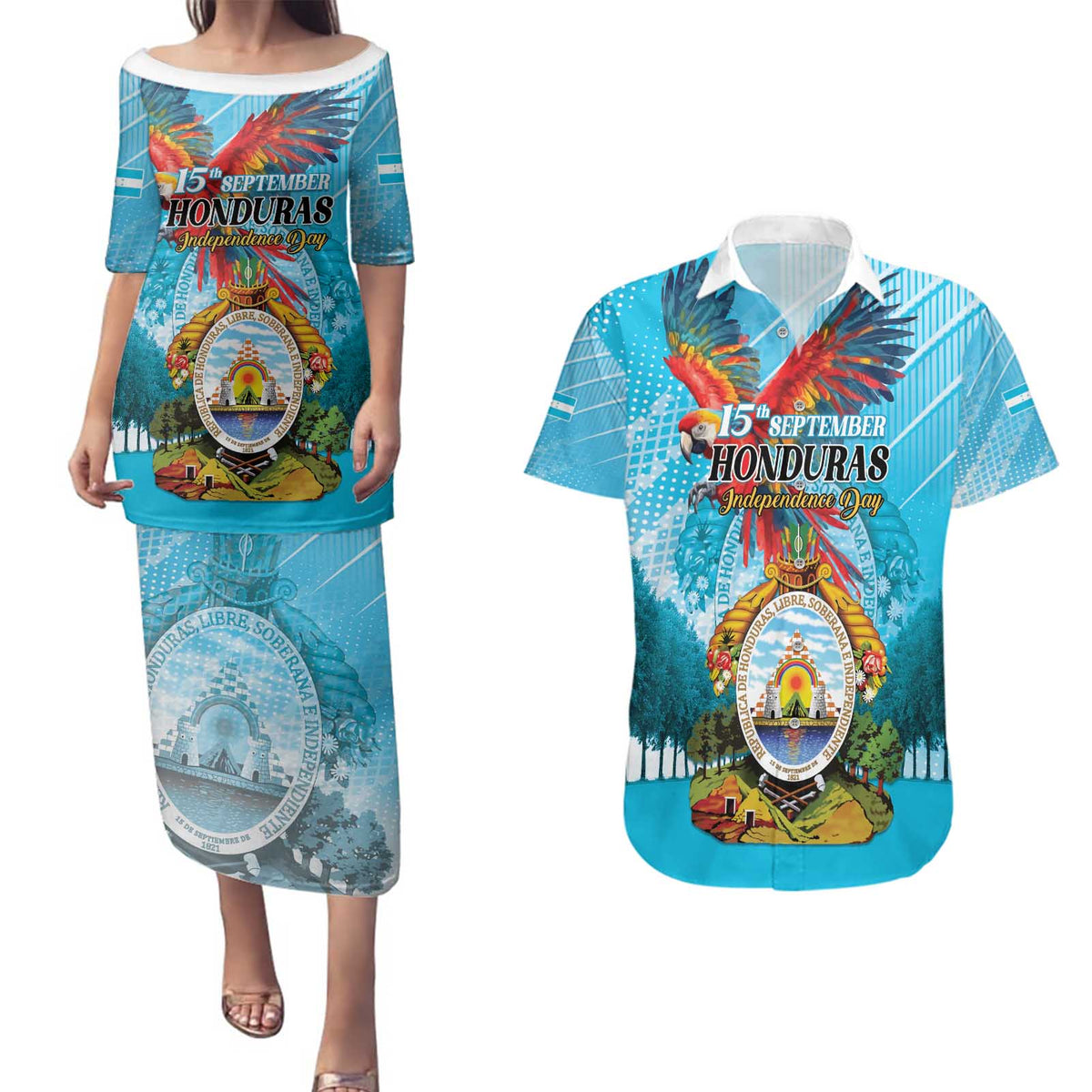 Personalized Honduras Independence Day 1821 Couples Matching Puletasi and Hawaiian Shirt Libre Soberana e Independiente - Wonder Print Shop