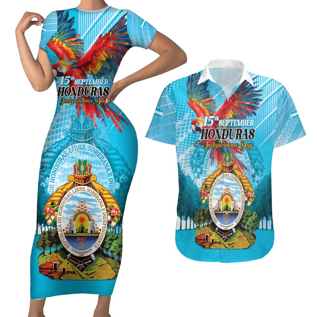 Personalized Honduras Independence Day 1821 Couples Matching Short Sleeve Bodycon Dress and Hawaiian Shirt Libre Soberana e Independiente - Wonder Print Shop