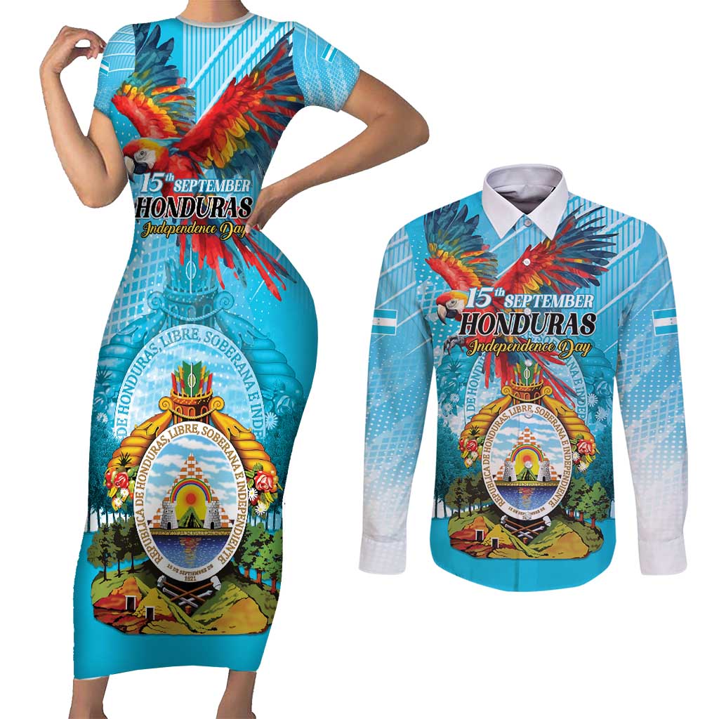 Personalized Honduras Independence Day 1821 Couples Matching Short Sleeve Bodycon Dress and Long Sleeve Button Shirt Libre Soberana e Independiente - Wonder Print Shop