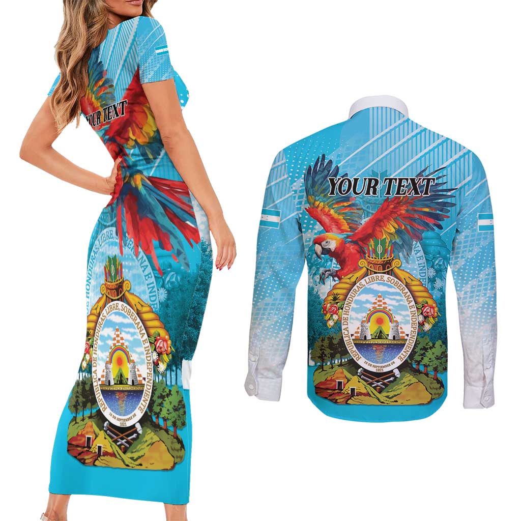 Personalized Honduras Independence Day 1821 Couples Matching Short Sleeve Bodycon Dress and Long Sleeve Button Shirt Libre Soberana e Independiente - Wonder Print Shop