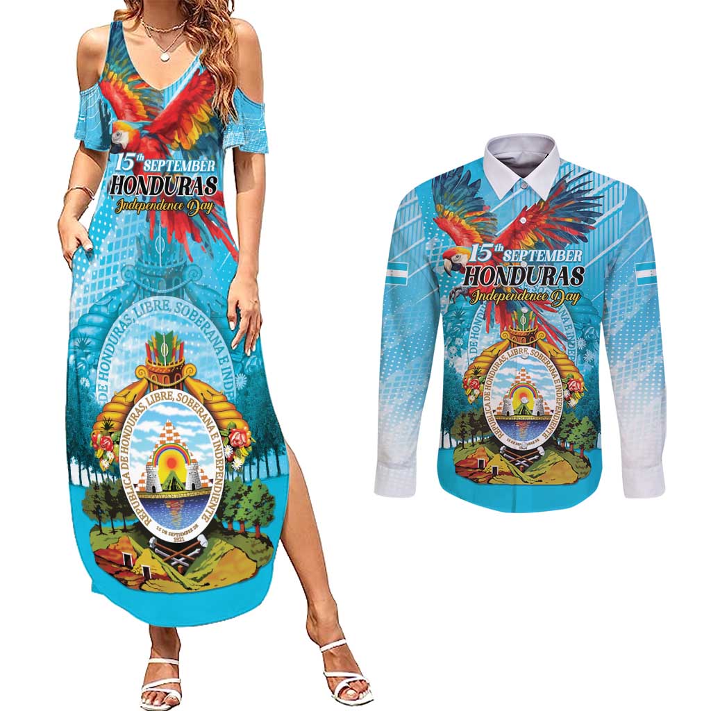 Personalized Honduras Independence Day 1821 Couples Matching Summer Maxi Dress and Long Sleeve Button Shirt Libre Soberana e Independiente - Wonder Print Shop