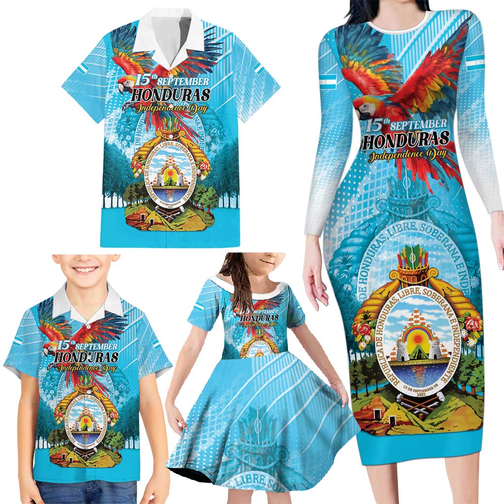 Personalized Honduras Independence Day 1821 Family Matching Long Sleeve Bodycon Dress and Hawaiian Shirt Libre Soberana e Independiente - Wonder Print Shop