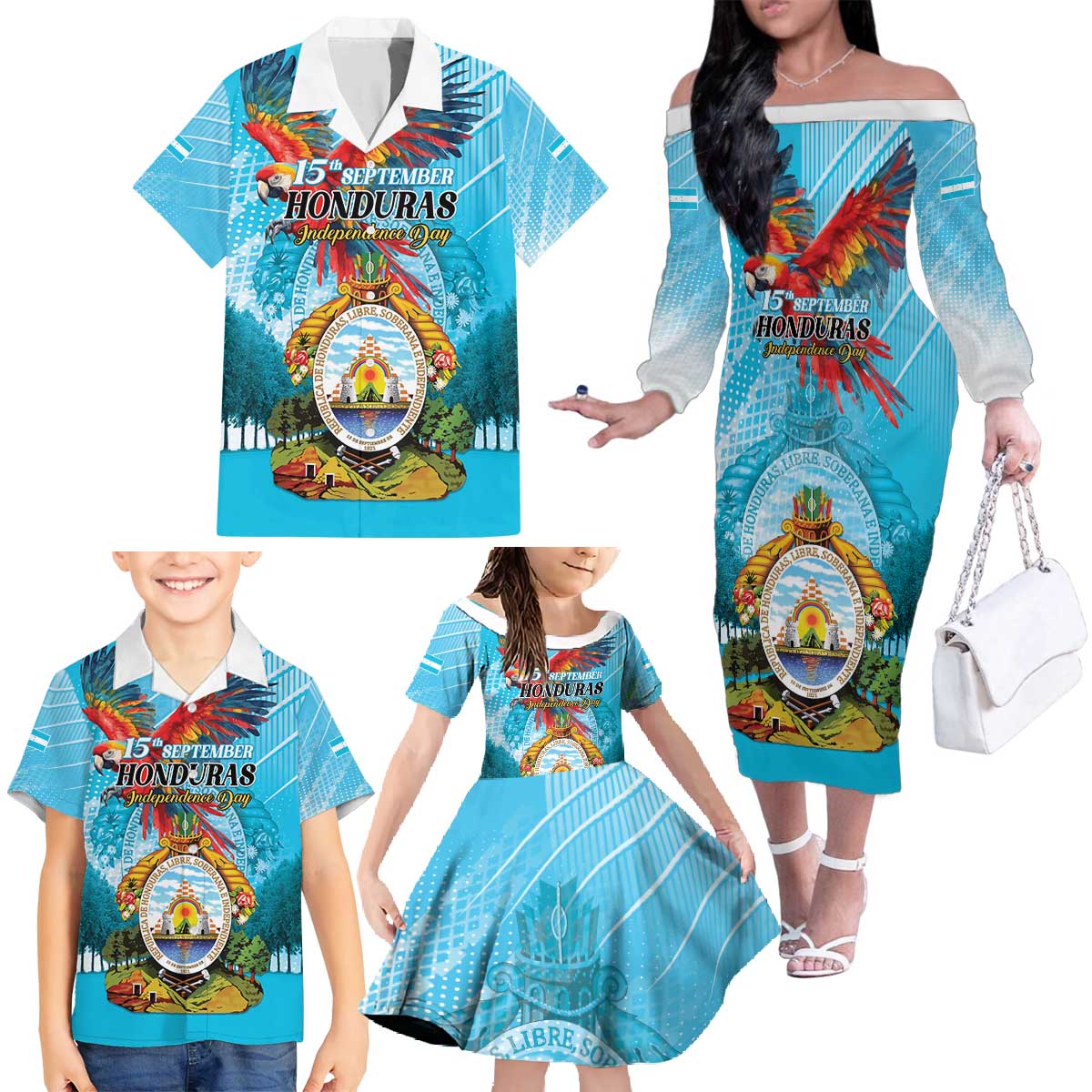 Personalized Honduras Independence Day 1821 Family Matching Off The Shoulder Long Sleeve Dress and Hawaiian Shirt Libre Soberana e Independiente - Wonder Print Shop